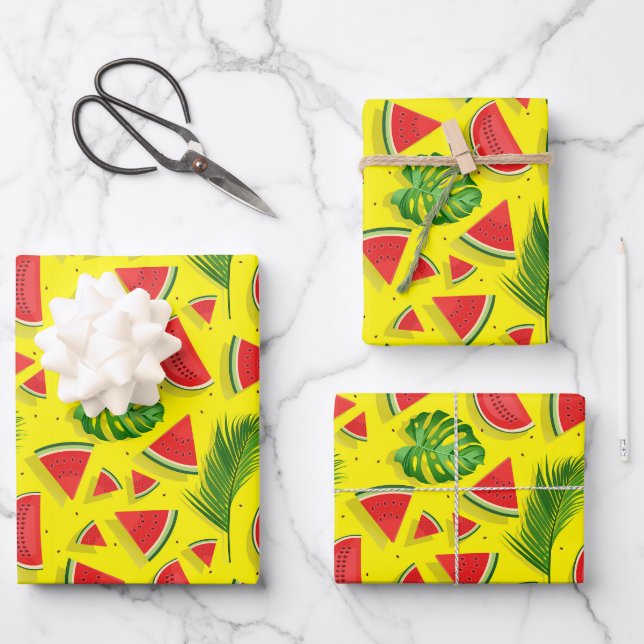 Tropical Palm Leaves & Watermelon Slices Pattern Wrapping Paper Sheet (Front)