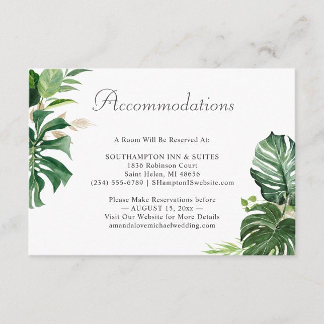 Tropical Palm Leaves Wedding Accommodations Enclosure Card (Front)