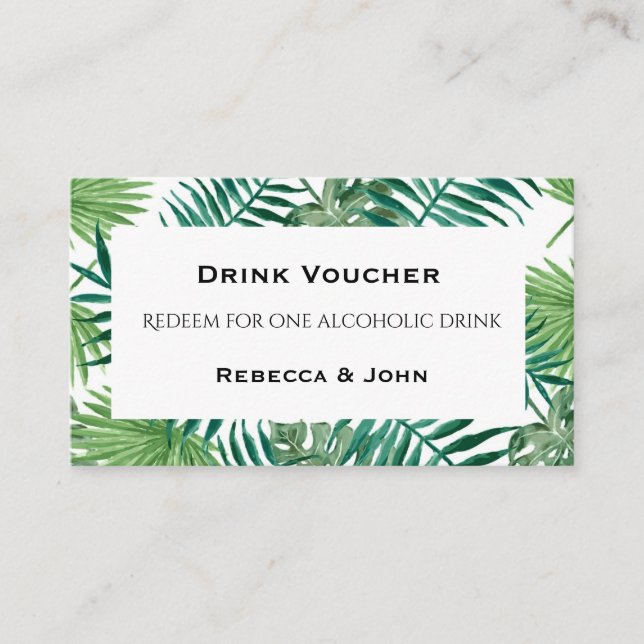 Tropical Palm Leaves Wedding Drink Voucher Card (Front)
