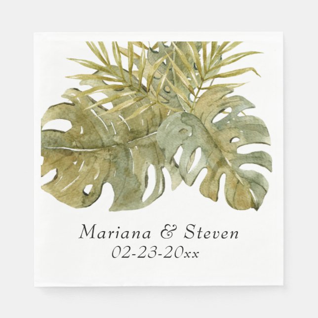 Tropical Palm Leaves Wedding Napkin (Front)