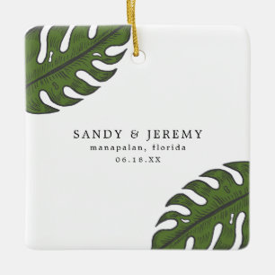 Tropical Palm Leaves Wedding Photo Ceramic Ornament