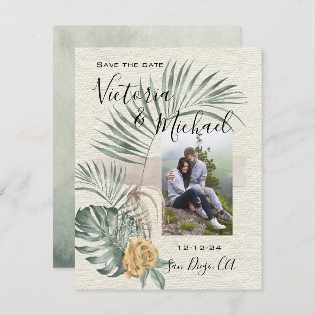 Tropical Palm Leaves wedding Photo Save the date Invitation (Front/Back)