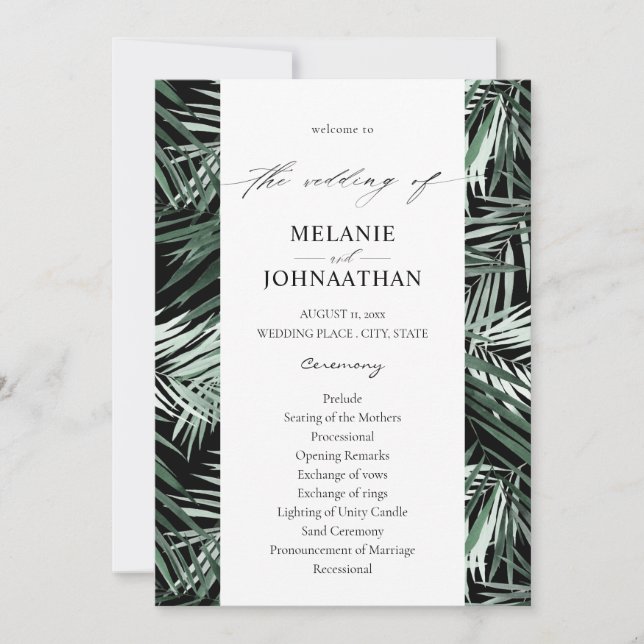 Tropical Palm Leaves Wedding Program - Black Invitation (Front)