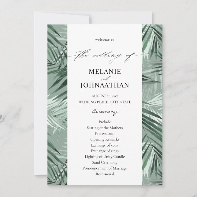 Tropical Palm Leaves Wedding Program - Mint Green Invitation (Front)