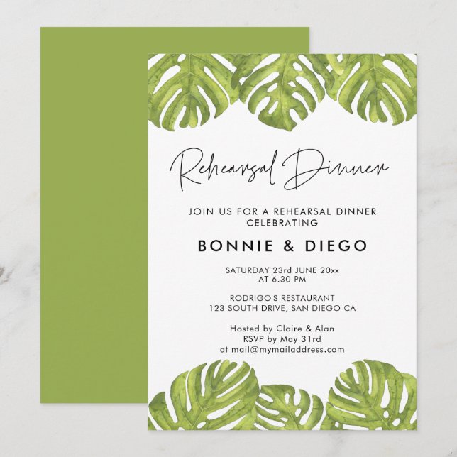 Tropical palm leaves wedding rehearsal dinner invitation (Front/Back)