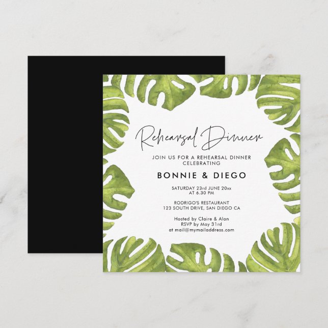 Tropical palm leaves wedding rehearsal dinner invitation (Front/Back)