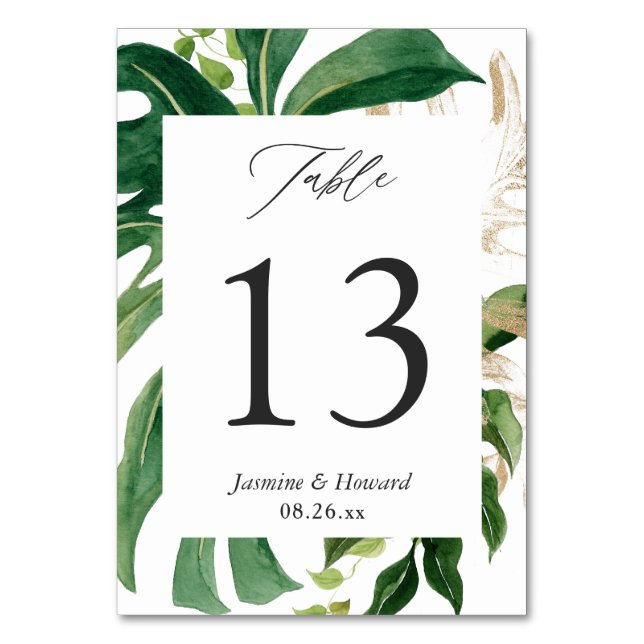 Tropical Palm Leaves Wedding Table Number Card (Front)