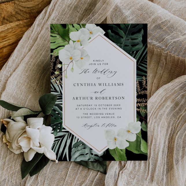 tropical palm leaves white floral wedding invitation (Creator Uploaded)