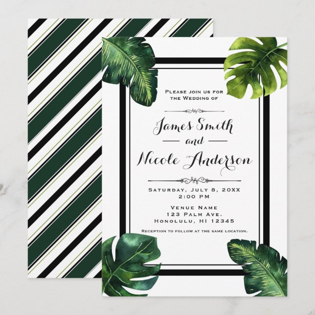 Tropical Palm Leaves White Green Black Wedding Invitation (Front/Back)