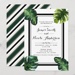Tropical Palm Leaves White Green Black Wedding Invitation