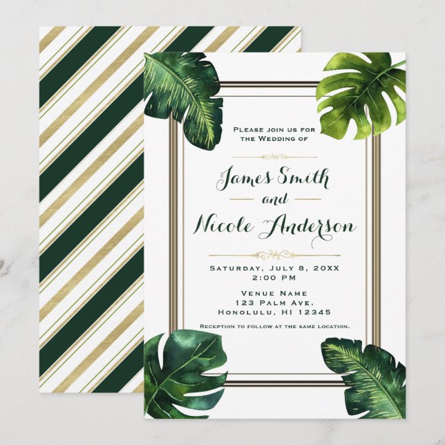 Tropical Palm Leaves White Green & Gold Wedding Invitation (Front/Back)