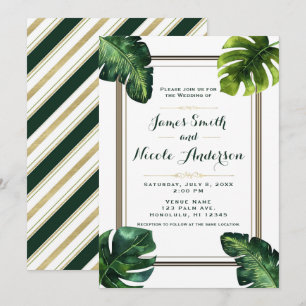 Tropical Palm Leaves White Green & Gold Wedding Invitation