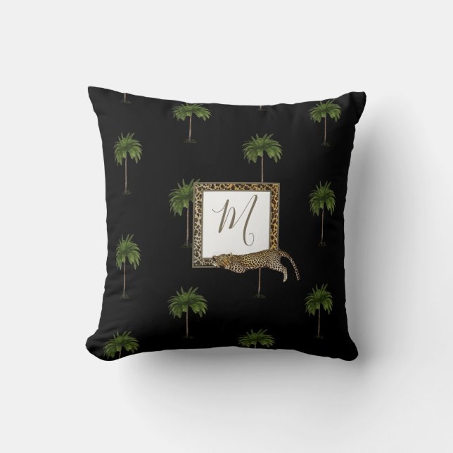 Tropical Palm  Leopard Print Wild Black Monogram Cushion (Front)