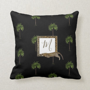 Tropical Palm  Leopard Print Wild Black Monogram Cushion