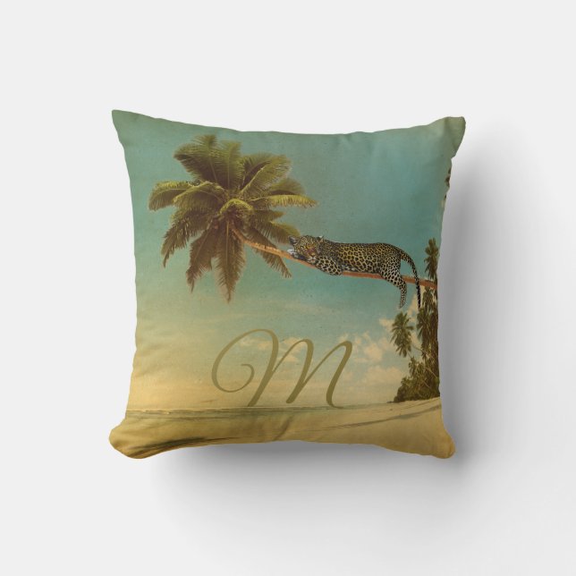 Tropical Palm Leopard Vintage Elegant Monogram Cushion (Front)