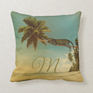 Tropical Palm Leopard Vintage Elegant Monogram Cushion