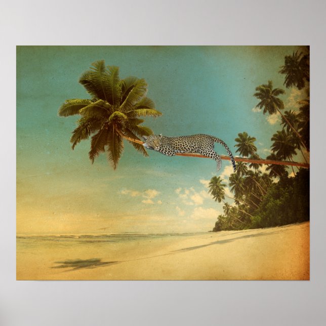 Tropical Palm Leopard Vintage Elegant Summer Beach Poster (Front)