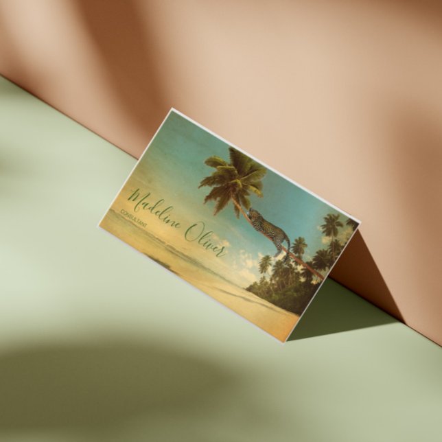 Tropical Palm Leopard Vintage Professional Beach Business Card (Creator Uploaded)