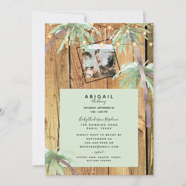 Tropical Palm & Lights Rustic Photo Bridal Shower Invitation (Front)