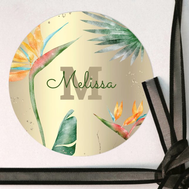 Tropical Palm Modern Monogram Script Gold Foil Classic Round Sticker (Creator Uploaded)