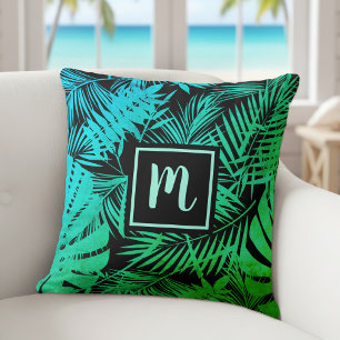 Tropical palm monogram turquoise green ombre bold cushion