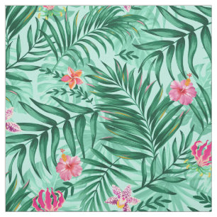 Tropical Palm & Monstera Leaves & Exotic Flowers Fabric