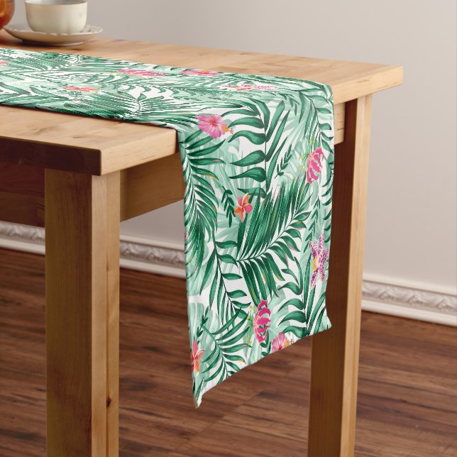 Tropical Palm & Monstera Leaves & Exotic Flowers Short Table Runner (In Situ)