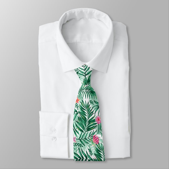 Tropical Palm & Monstera Leaves & Exotic Flowers Tie (Tied)