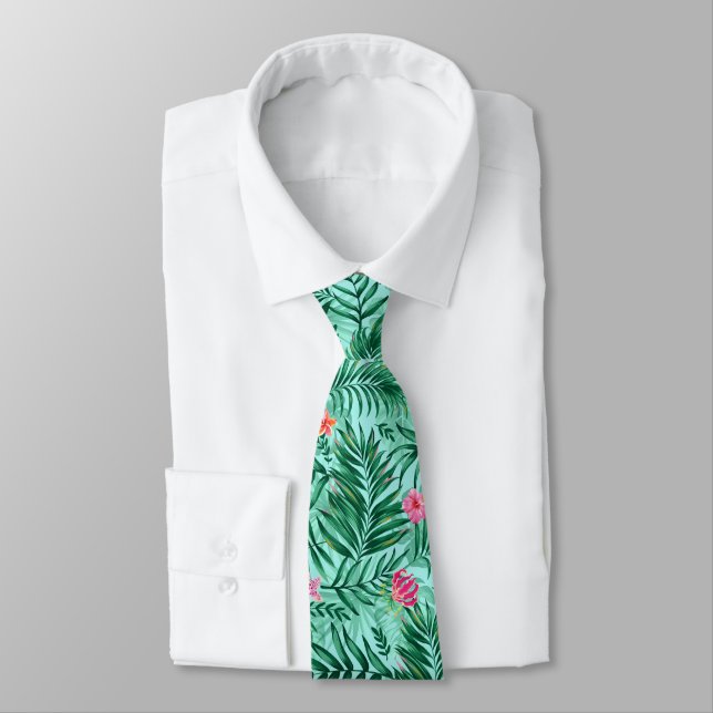 Tropical Palm & Monstera Leaves & Exotic Flowers Tie (Tied)