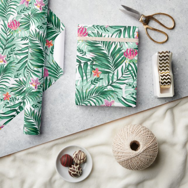 Tropical Palm & Monstera Leaves & Exotic Flowers Wrapping Paper (Crafts)