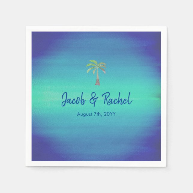 Tropical Palm Muted Blue Green Beach Ocean Wedding Napkin (Front)