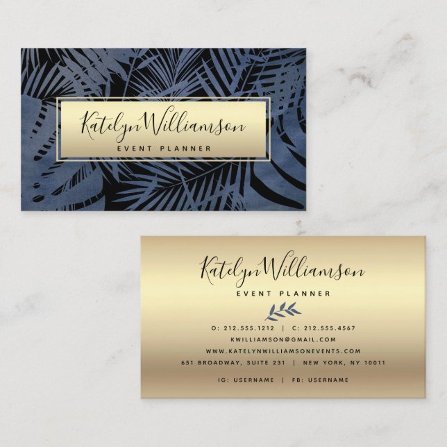 Tropical palm navy gold script typography elegant business card (Front/Back)