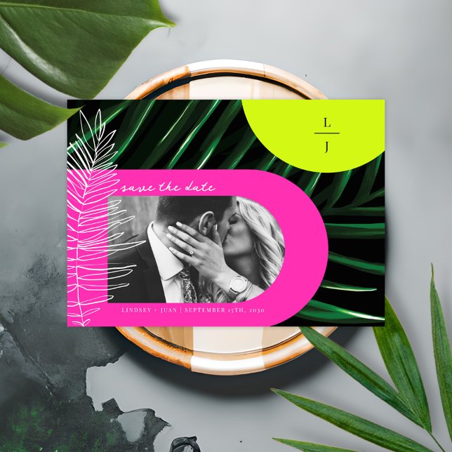 Tropical Palm Neon Arches Monogram Save The Date (Creator Uploaded)