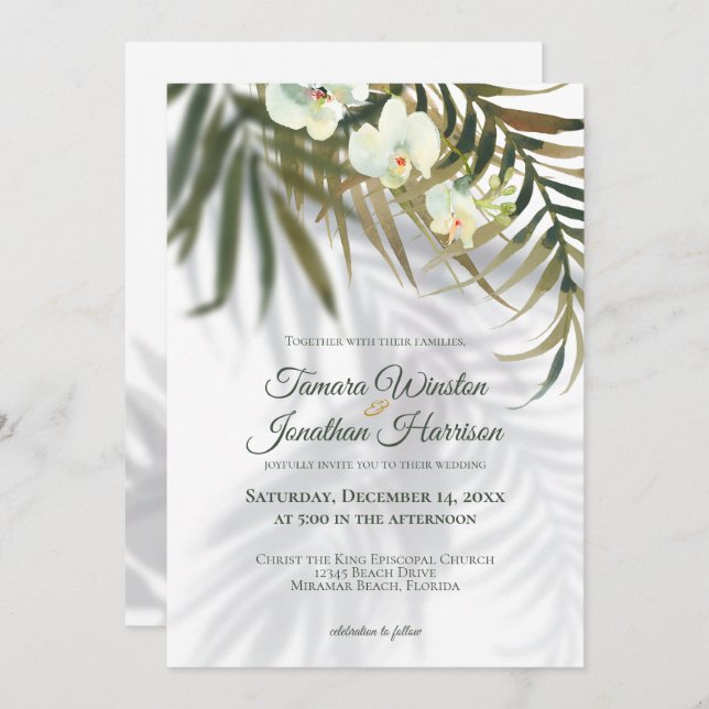 Tropical Palm & Orchid Shadows Beach Wedding Invit Invitation (Front/Back)