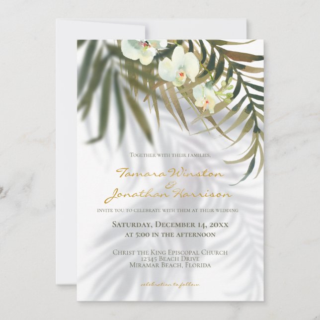 Tropical Palm & Orchid Shadows Beach Wedding Invitation (Front)