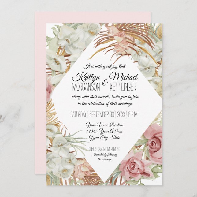 Tropical Palm Pampas Grass Greenery Blush Floral Invitation (Front/Back)