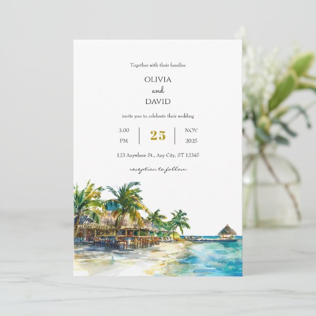 Tropical Palm Paradise Travel Sandy Beach Wedding  Invitation (Standing Front)