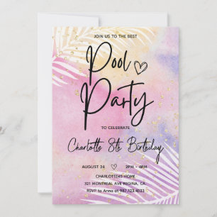 Tropical Palm Pastel Rainbow Pool Party Birthday Invitation