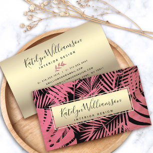 Tropical palm pink gold elegant script typography business card