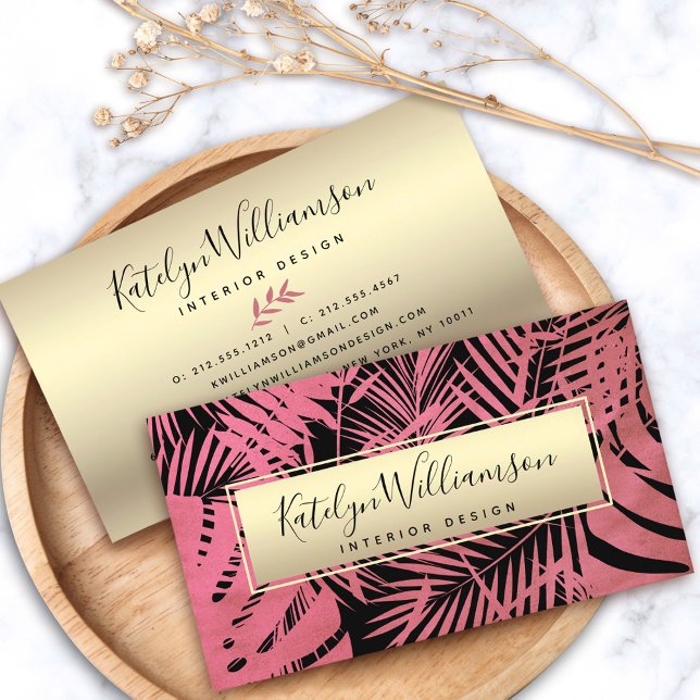 Tropical palm pink gold elegant script typography business card (Creator Uploaded)