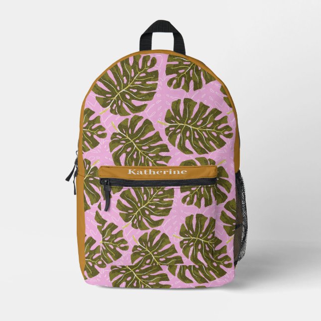 Tropical Palm Pink Green Brown Printed Backpack (Front)