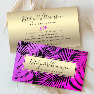 Tropical palm purple pink ombre gold chic script business card