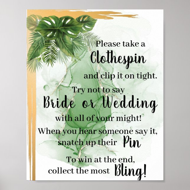 Tropical Palm Put a Clothespin Shower Game Sign (Front)