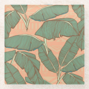 Tropical Palm: Seamless Leaf Background Glass Coaster