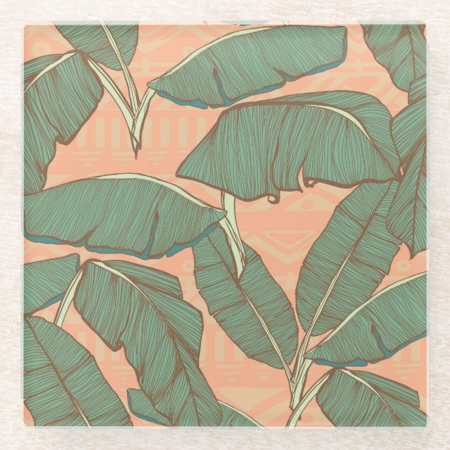 Tropical Palm: Seamless Leaf Background Glass Coaster (Front)