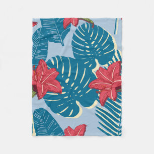 Tropical Palm seamless leaf blue pattern Fleece Blanket