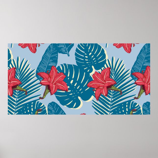 Tropical Palm seamless leaf blue pattern Poster (Front)