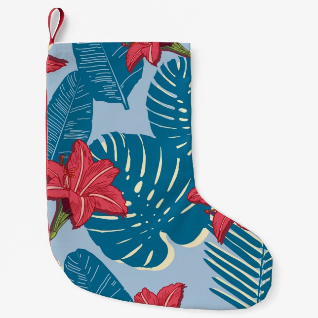Tropical Palm seamless leaf blue pattern Small Christmas Stocking (Front)