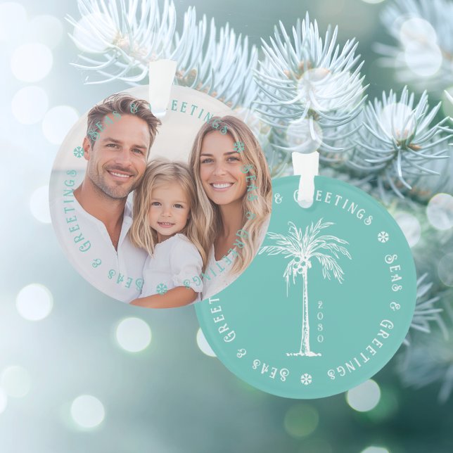 Tropical Palm Seas & Greetings Christmas Photo Ornament (Tropical Palm Seas & Greetings Christmas Photo Ornament)