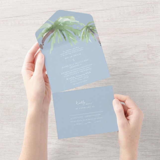 Tropical Palm Sky Blue Wedding All In One Invitation (Tearaway)